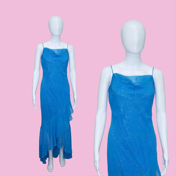 Y2K RAMPAGE Blue GLITTER Overlay, Cowl Neck, ASYMMETRICAL, Ruffle Dress S. AS IS - Picture 1 of 10